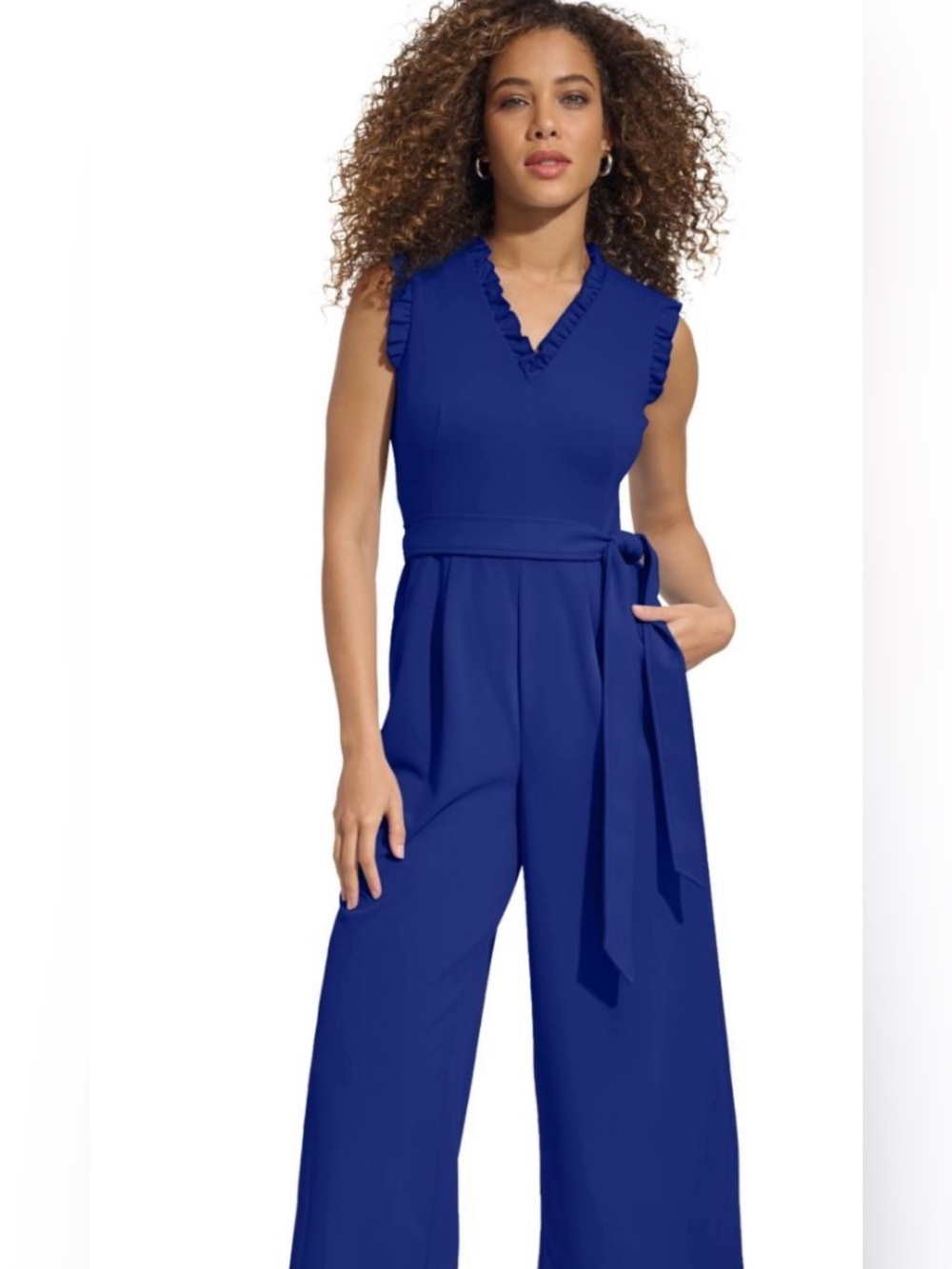 UEC Calvin Klein RUFFLE Sleeveless & V-Neck Wide-Leg Jumpsuit Cobalt Blue SZ 4